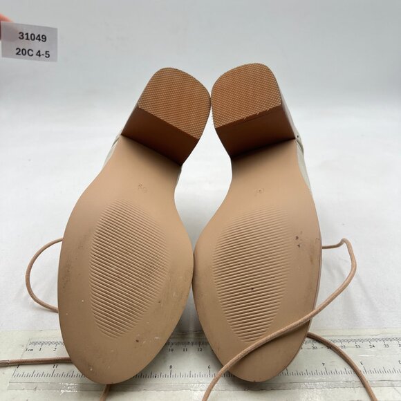 FOWT Beige Perforated Lace-Up Oxfords Almond Toe Mid Chunky Heel Brogues Shoes - Picture 7 of 8